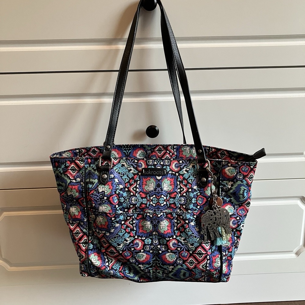 Sakroots Metro Tote Handbag Canvas & Leather Trim Floral Tribal Pattern Charms